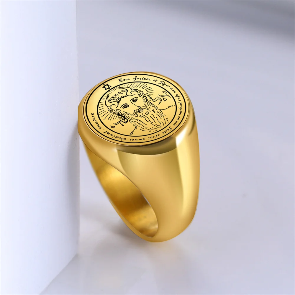 EUEAVAN Stainless Steel Key of Solomon Seal Rings Gold Color The First Pentacle of Sun Men Ring Wealth Good Luck Amulet Jewelry 4