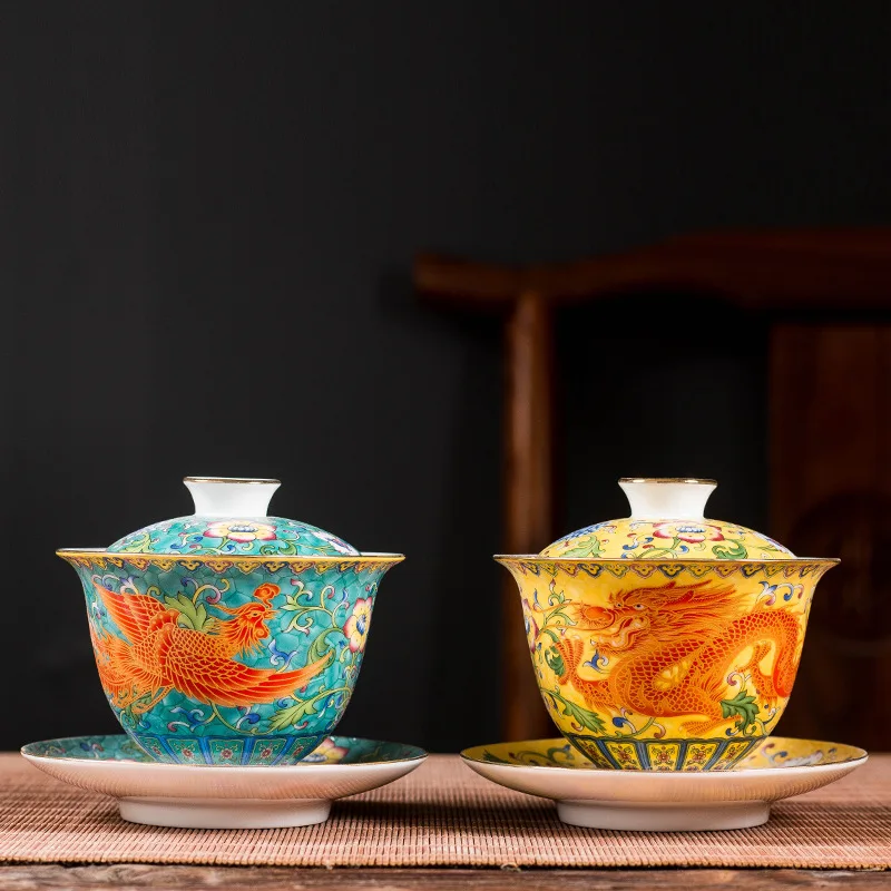 Enamel Color Gaiwan Single Dragon and Phoenix Master Cup, Large Ceramic Household Tea Brewing Bowl, High-End Tea Ceremony Bowl