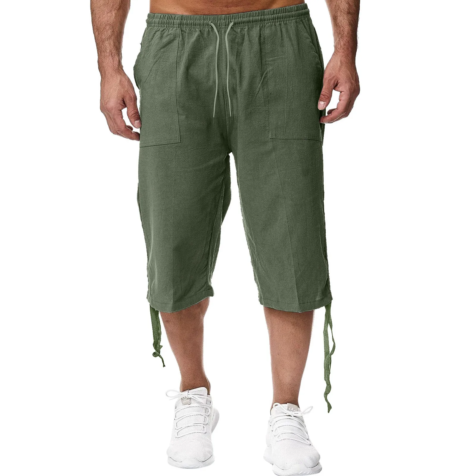 Men pants Men summer cropped baggy drawstring imitation linen pants