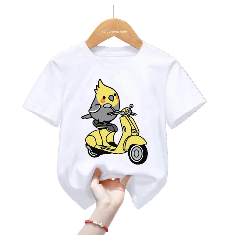 

Cockatiel Love Electric Vehicles Cartoon Print T Shirt For Girls/Boys Funny Parrot Bird Kids Clothes Summer Short Sleeve Tshirt