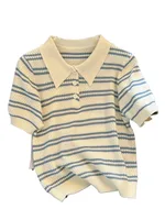 2025 col Polo nouveau femmes tricot T-Shirt rayé à manches courtes femmes T-Shirt pour femme mince hauts femme t-shirts vêtements S145 2