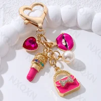 Pretty Rose Red Bag Lips Flamingos Lipstick Enamel Keychain Lovely Heart Animals Key Ring For Women Girls Handmade Jewelry Set 2