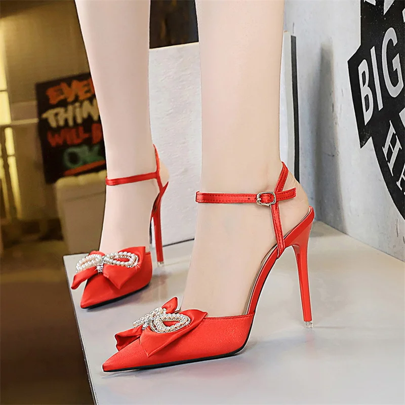 Women's Pointed Toe Shallow Mouth Sandals Summer 2024 New Fashion Pumps Pearl Bow High Heel Hollowing Out Heeled Sandals