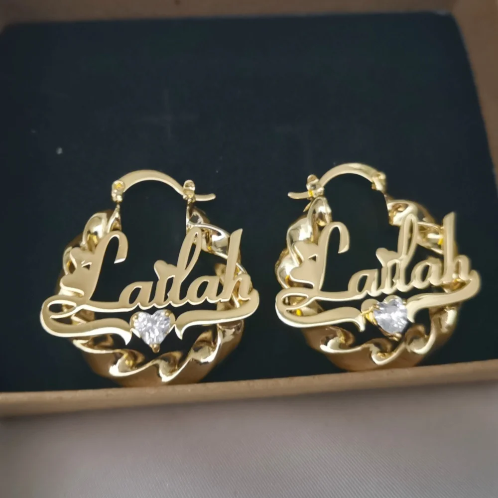 

LeeChee Heart Zircon 30mm Twist Custom Name Hoop Earrings Stainless Steel Personalized Jewelry Gift For Girls