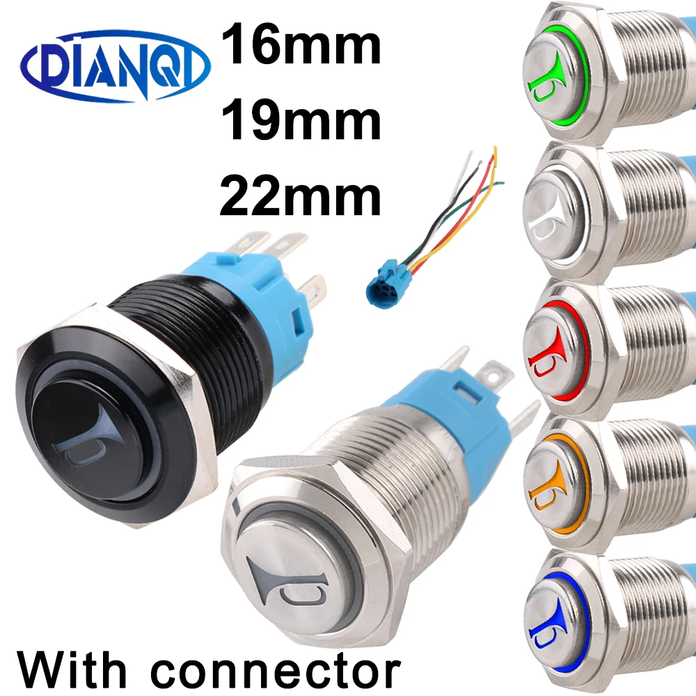 16/19/22mm Momentary Protrude Horn Trumpet Metal Push Button Switch Reset Boat Car Symbol Ring Lamp LED 3V6V12V24V220V