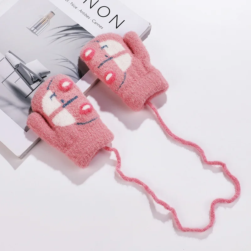 Winter Warm Gloves for Children Warm Gloves Thickened Hanging Neck Baby Mittens for Boys Girls Knitted 3-8 Years