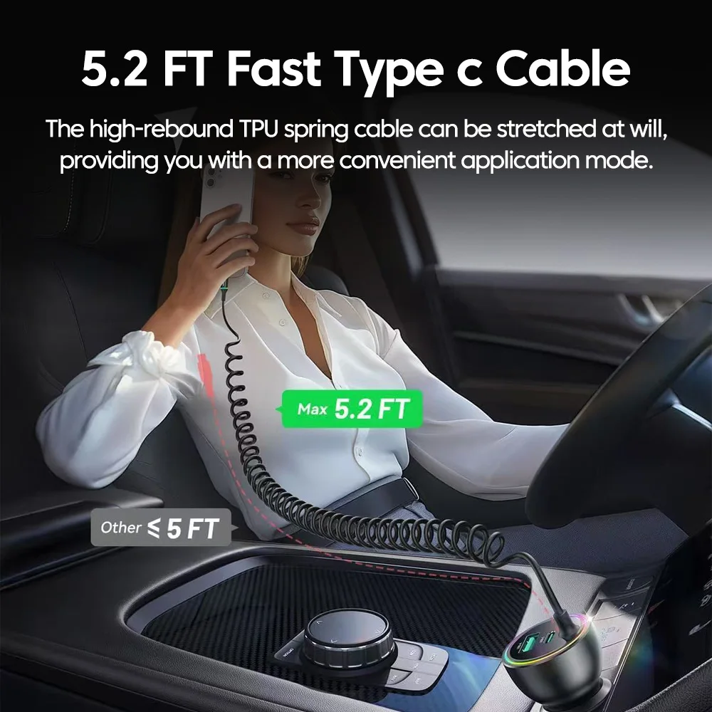 Elough 30W USB C Car Charger With Spring Charging Cable Fast Charging Type C Car Quick Charger Adapter For iPhone 16 Pro Xiaomi