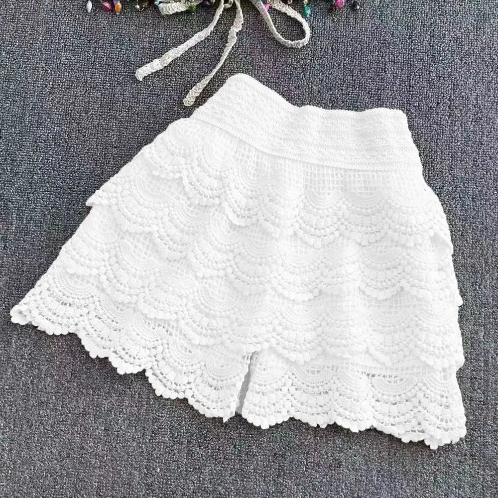 Boho Holiday Crochet Shorts for Women High Waist Hollow Out Lace-up Female Short Ladies Summer All-matching Trousers