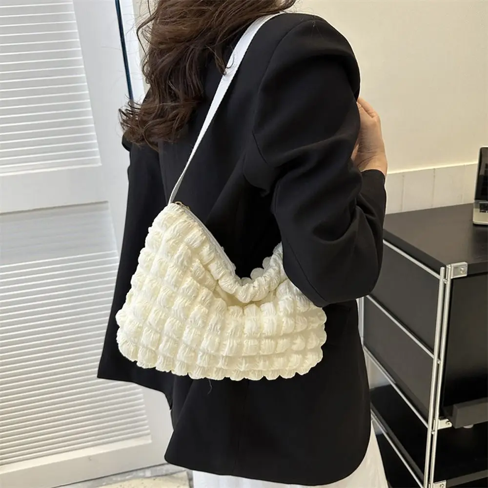 

Canvas Bubble Shoulder Bag Portable Large Capacity Pleated Fold Cloud Underarm Bag Lattice Simple Travel