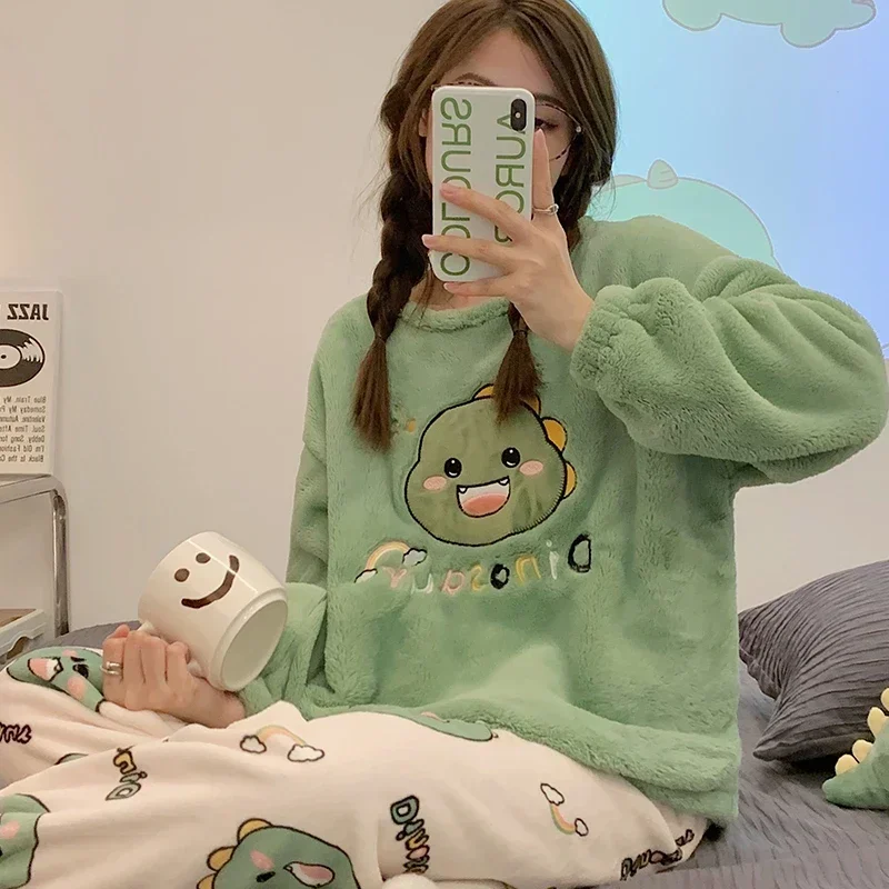 Women Pajamas Set Winter Flannel Sleepwear 2 Pieces Set Round Neck Long Sleeve Dinosaur Printing Women pajama suit