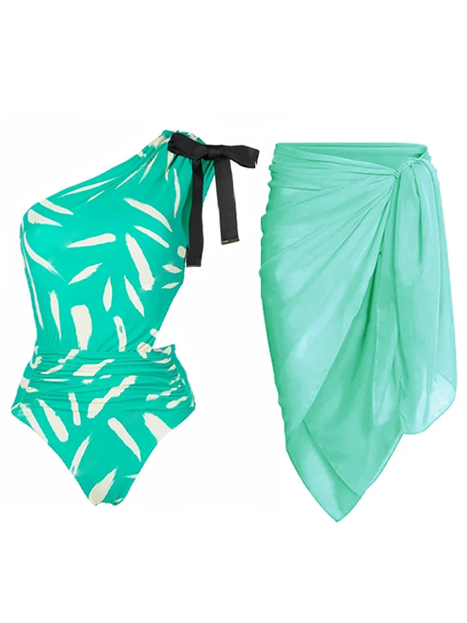 

Simple Print Green One Piece Swimsuit Coverup Women One Shoulder Fashion Slim Swimwear Luxury Bikini Bathing Suit Beachwear 2023