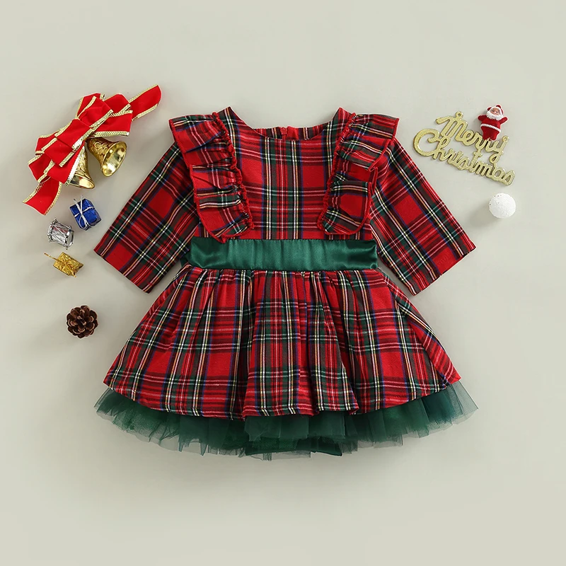 Toddler Baby Girl Christmas Dress Buffalo Plaid Tulle Tutu Skirt Princess Outfit for Kids 1-7T