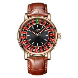 LIGE Elegant Brown Leather Men's Watch with Rotating Dial and Luminous Display (Rose gold)
