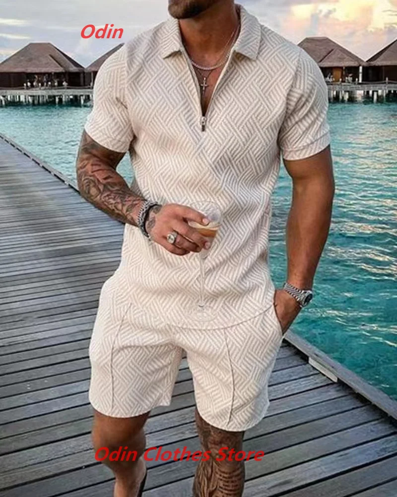 Fashion Solid Color Men's Polo Suit Men Sets Mesh Printed Streetwear Zipper Short Sleeve Shorts Two Pieces Men Casual Suit