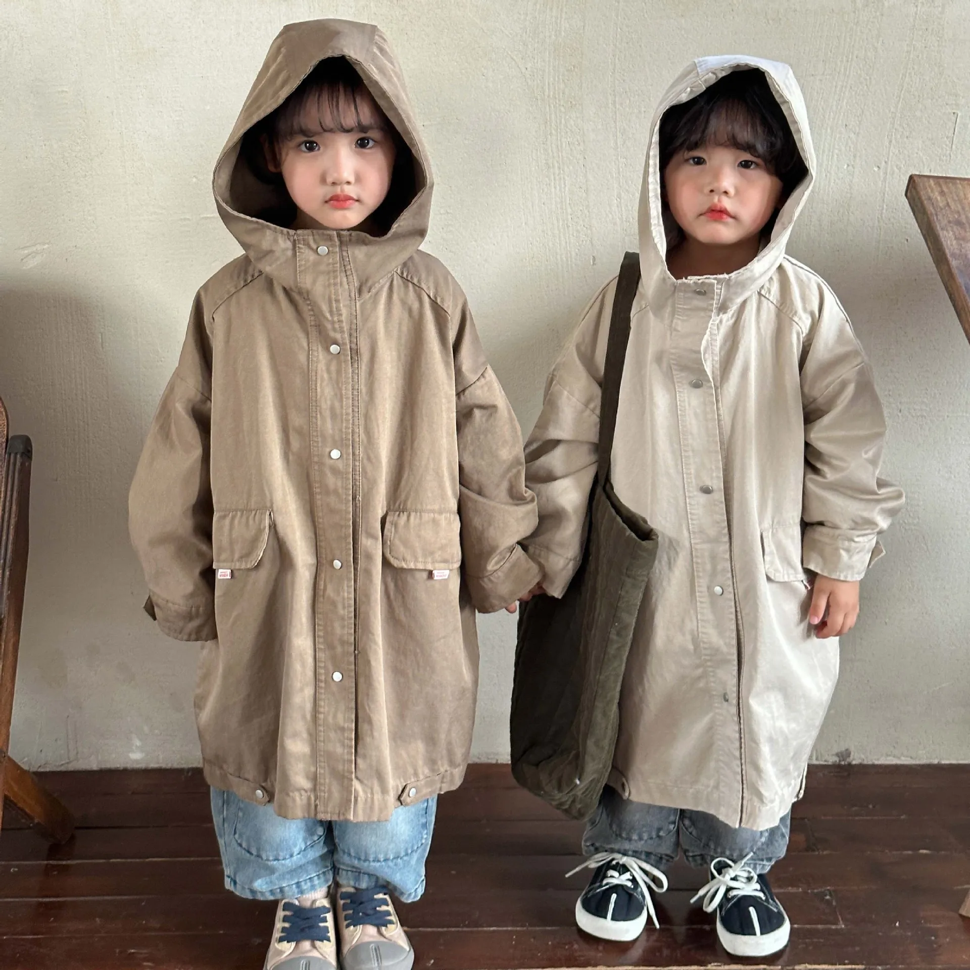 

Autumn kids fashion oversized hooded trench Jackets Boys and girls loose cotton casual zipper Coats