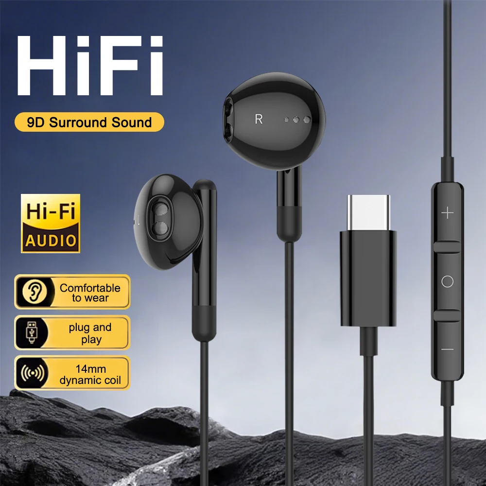 High-Fidelity USB-C Wired Earphones with Volume Control and Microphone