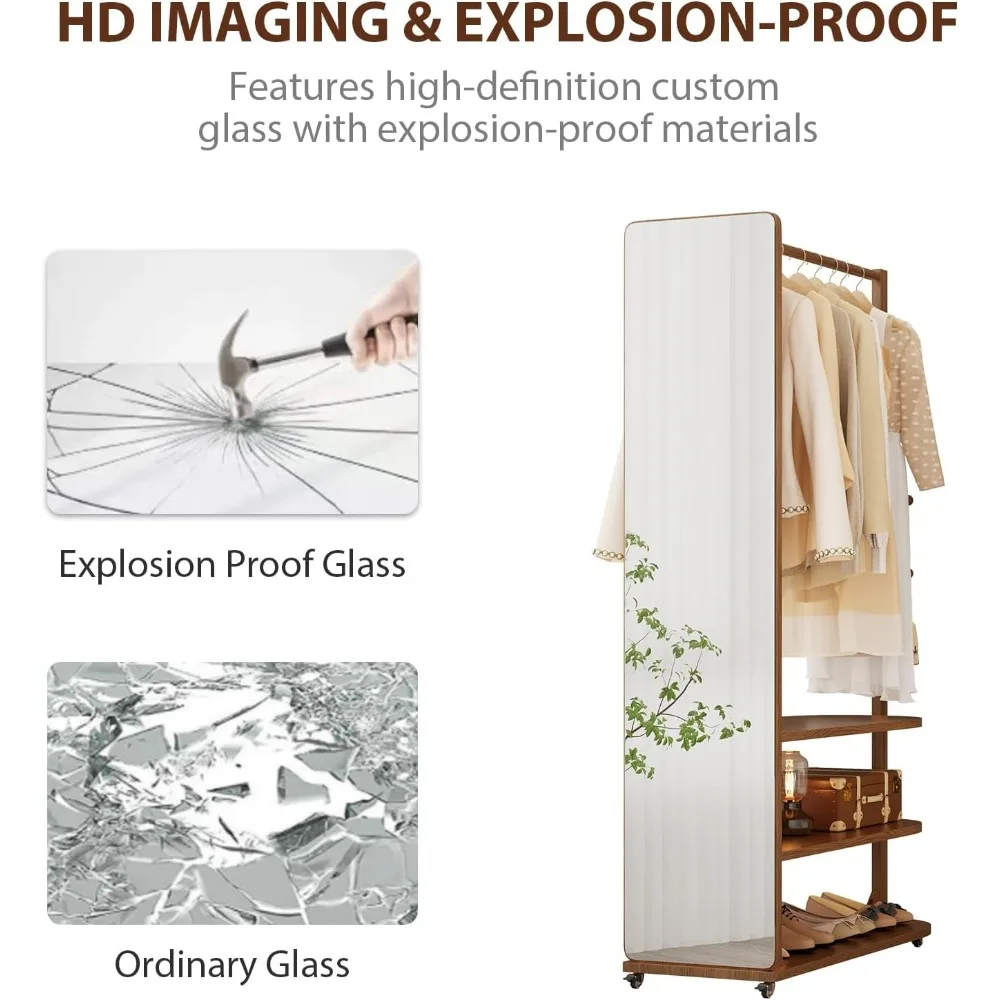 Solid Wood 70 x 40 Full Length Standing Mirror with Brake Wheels for Clothes Rack