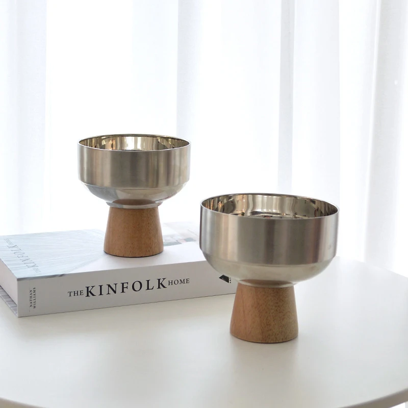 Simple Stylish Round Solid Wood Tray Stainless Steel Bowls Small Item Storage Tray Food Desktop Storage Kitchen Decor Plate