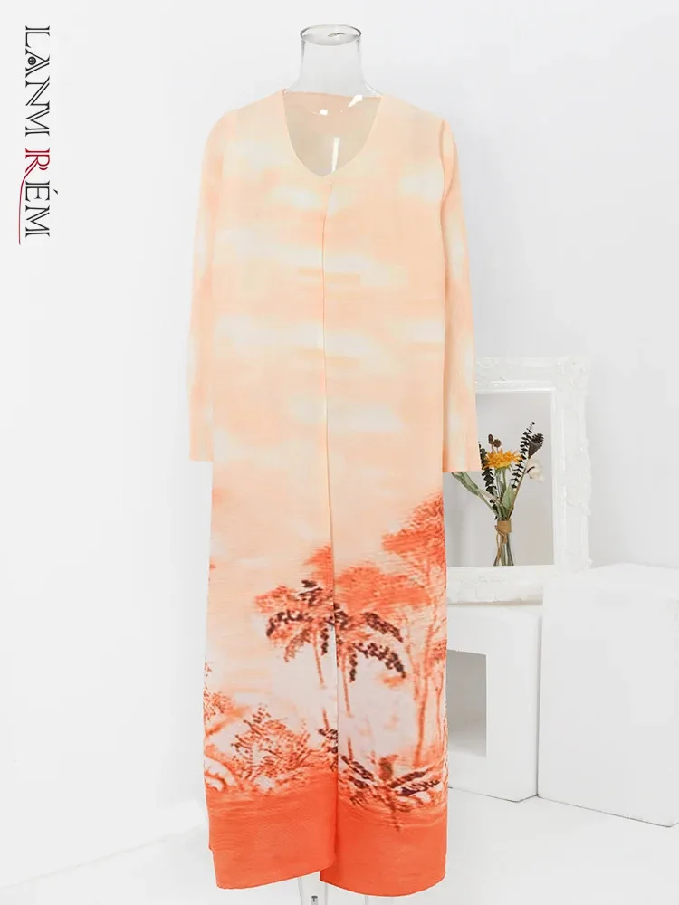 

LANMREM Fashion Contrast Color Print Pleated Long Cardigan Coat Women Round Neck Loose Windbreaker 2024 Spring New 32C279