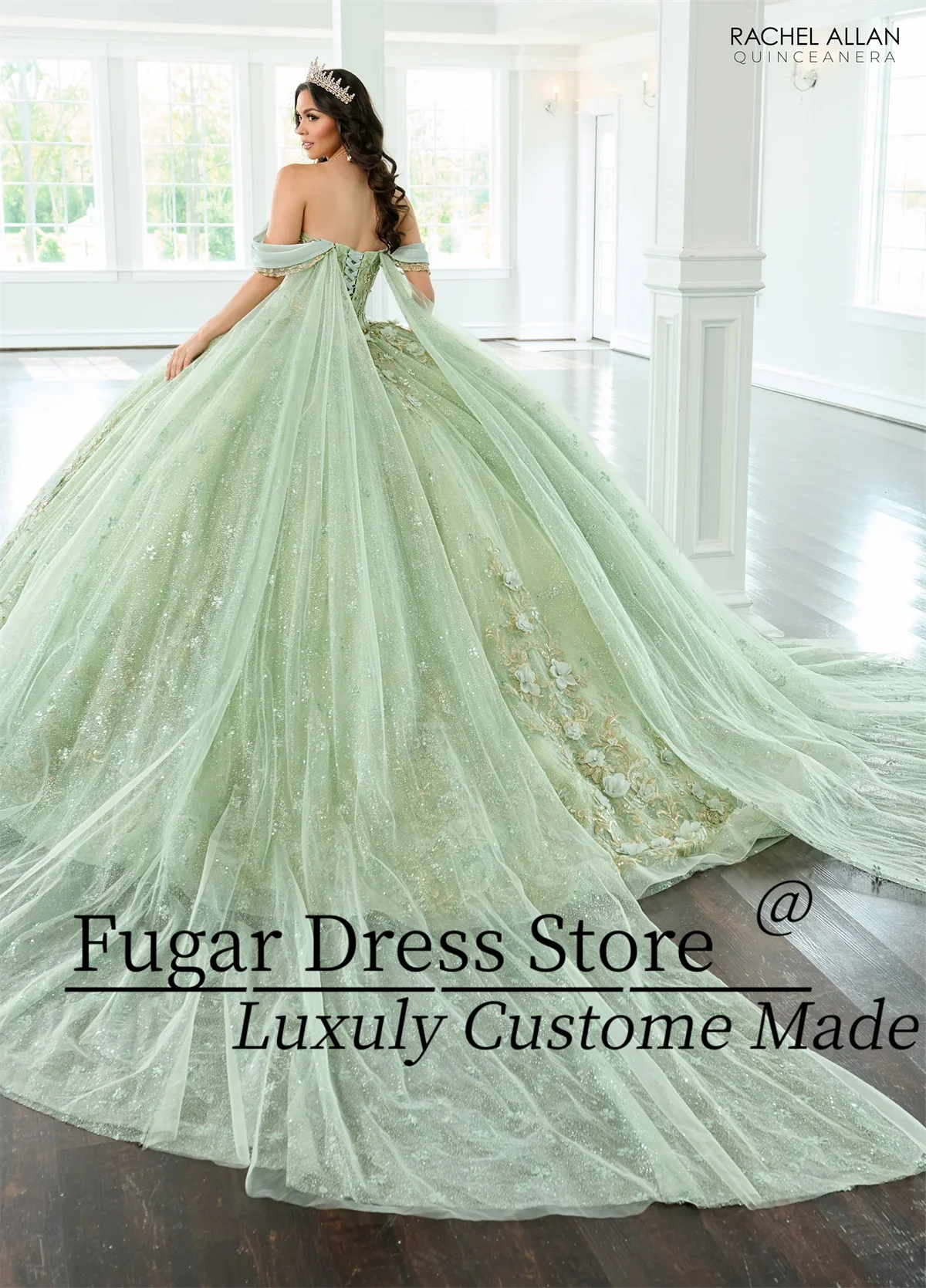 Long Strapless Shawl Sleeve Dress Princess Quinceanera Dresses Luxurious crystal transparent hard gauze 24