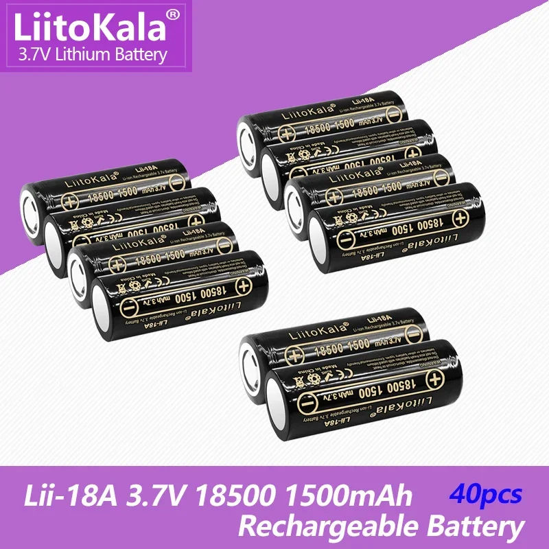

40PCS LiitoKala Lii-18A 18500 1500mAh 3.7 V Rechargeable Battery Recarregavel Lithium Ion For LED Flashlight