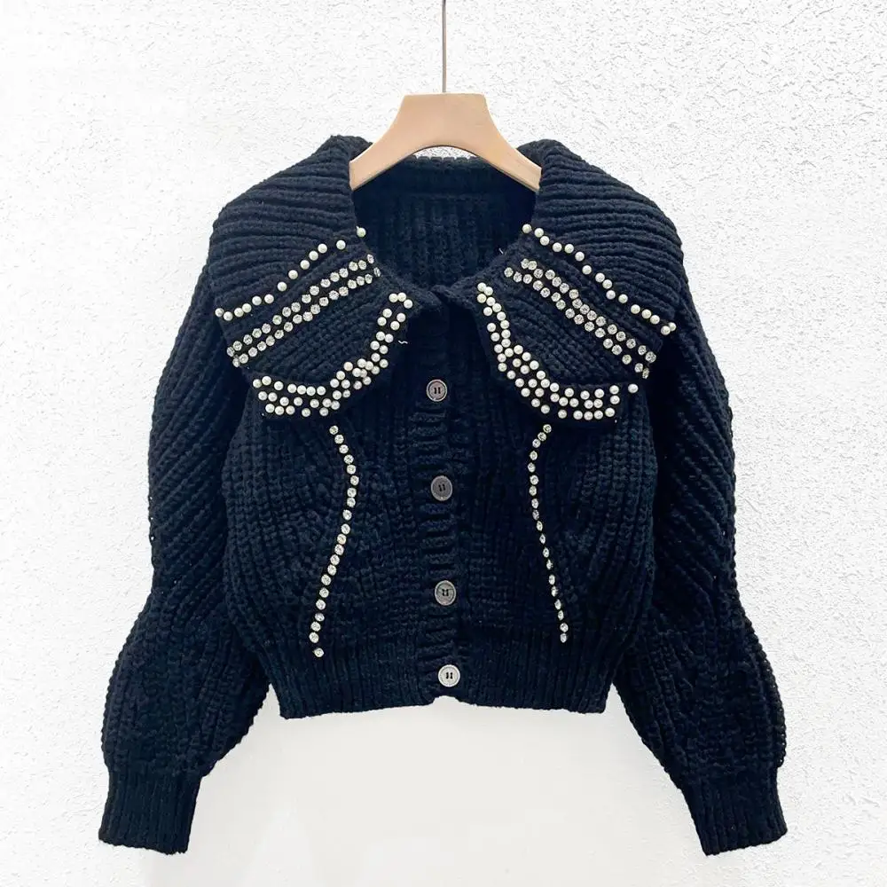 

High Quality Diamond Beading Doll Neck Sweet Elegant Slim Short Sweater Single Breasted Knitted Cardigan Top Autumn Winter Coat