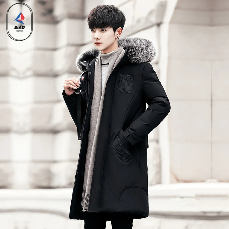 EIAO Winter Fur Collar Down Jacket Men Long High Quality Thick Warm White Duck Down Coat Snow Camping Cold-proof Puffer Jacket
