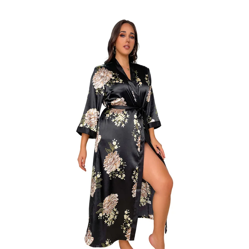 Fat Plus Size Pajamas Women Fashion Casual Loose Printed Pajamas Women Long Simulation Silk Sexy Nightgowns Bathrobe