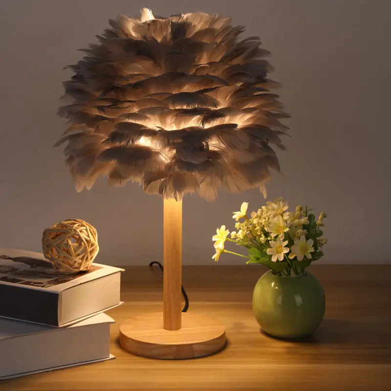

Hot Solid Wood Table Lamp Premium Nature Feather Bedroom Bedside Light for Boys and Girls Princess Living Room Home Decoration