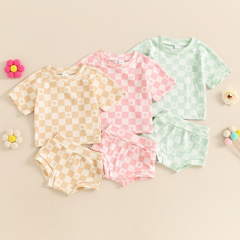 

2024-04-18 Lioraitiin Baby Girls Summer Shorts Sets Short Sleeve Checkerboard Print T-shirt Tops PP Shorts 2Pcs Sets