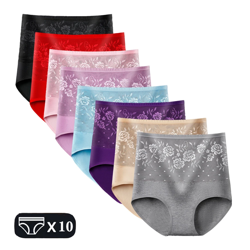 5pcs Women's Briefs Underwear Cotton High Waist Tummy Control Panties Rose  Jacquard Ladies Panty