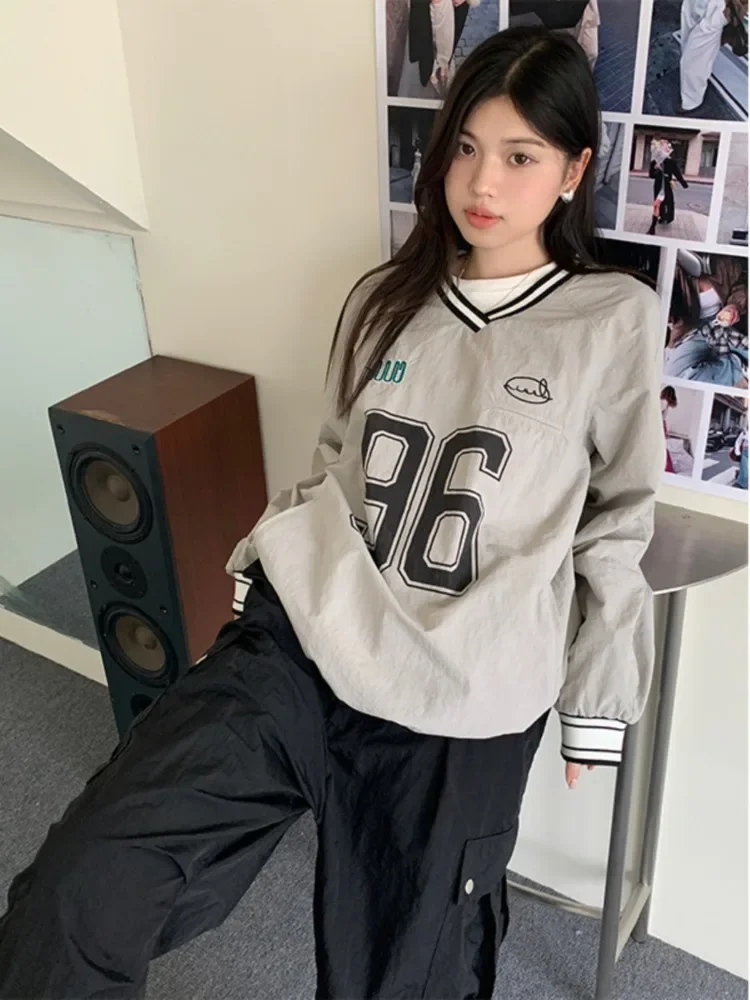 HOUZHOU Kpop Sweatshirts Women Vintage Y2k V-neck Sports Tops Oversized Korean Streetwear Hip Hop Female Printed Thin Hoodies