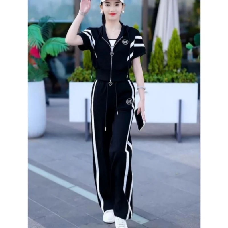 Fashion Casual Set 2024 Early Autumn Fashionable Short Sleeved Cardigan Sports Pants Elegant Women's Two Piece Set