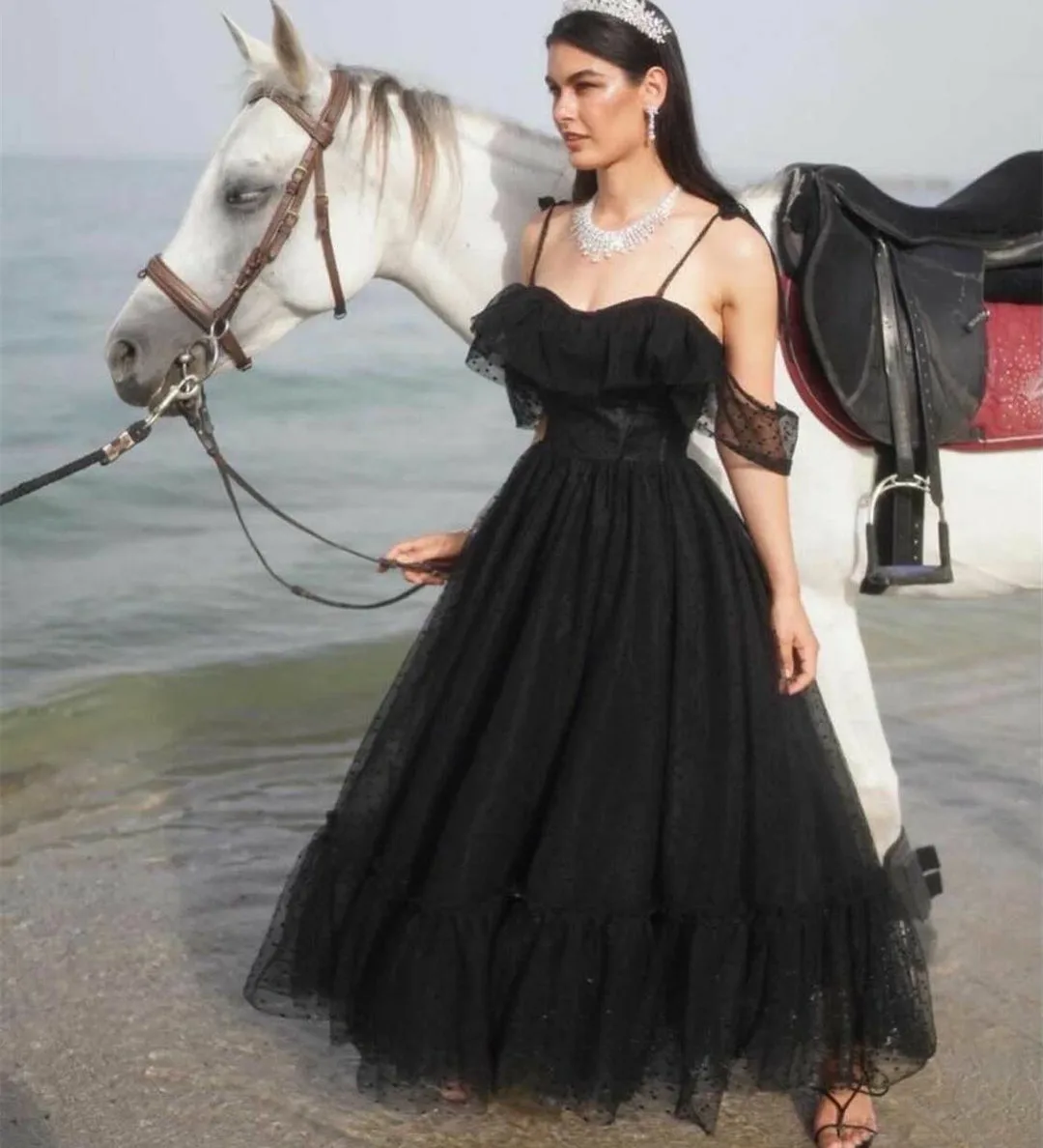 

Vintage Short Tulle Sweetheart Evening Desses A-Line Black Spaghetti Ankle Length Prom Dresses for Women