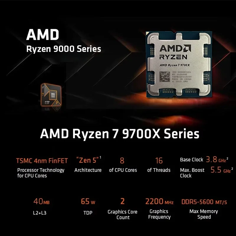 AMD 라이젠 7 9700X 8코어 16스레드 5.5GHz 최대 부스트 속도 Zen5 AM5 CPU 3D 렌더링 게임용 (포장 없음)