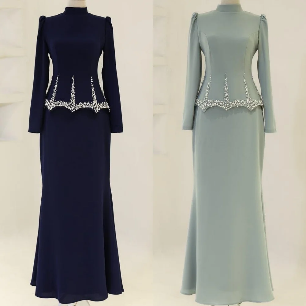 Personnalisé Style moderne élégant Jersey strass froncé droite col haut robes longues sur mesure robes d'occasion formelle rétro