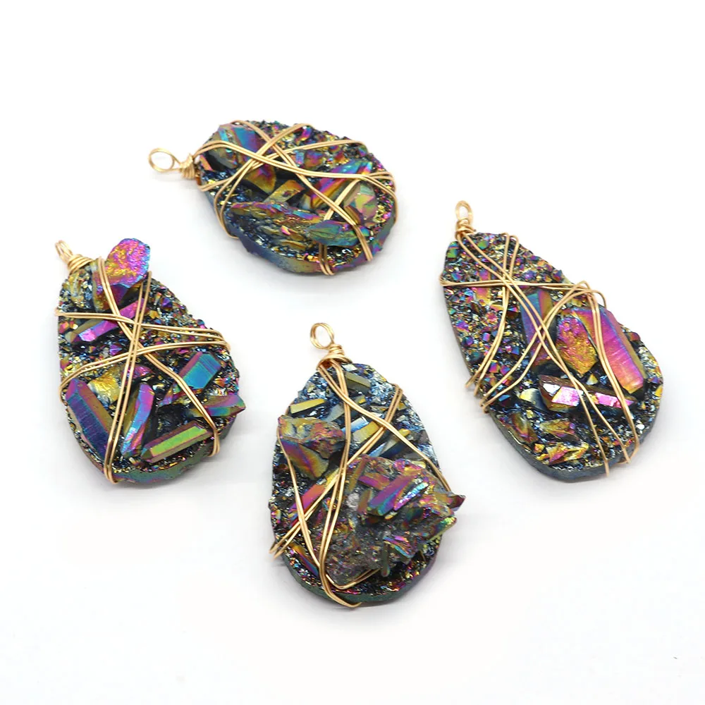 

1Pc Fashion 30x50-40x70mm Natural Colorful Natural Crystal with Copper Wire Pendant Water Drop Shaped DIY for Making Necklace