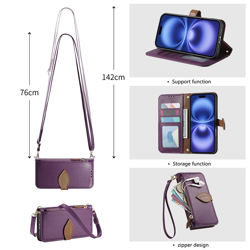 Leather Crossbody Wallet Case with Wrist Strap and Card Holder