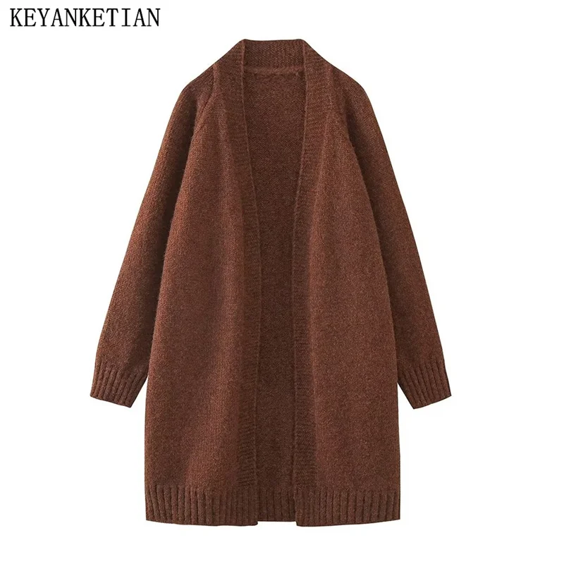 

Новинка осень/зима, женский простой длинный вязаный кардиган KEYANKETIAN, мягкий на ощупь, красно-коричневый, толстый женский кардиган