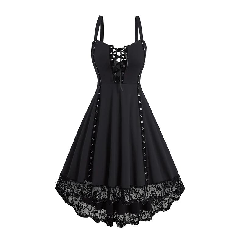 Dressfo 2024 Women's Gothic Dresses Lace Up Grommet Straps Lace Hem High  Low Summer Tank Dress Black Dress Vestidos - AliExpress 200000345