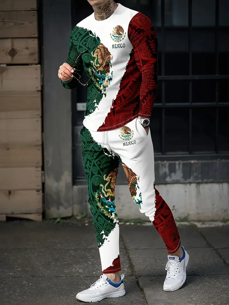 Fashion Mexican Flag 3D Print Men's Sportswear Set Casual Long-Sleeved T Shirt Pants 2-Piece Set Oversized Pullover Men Clothing 6
