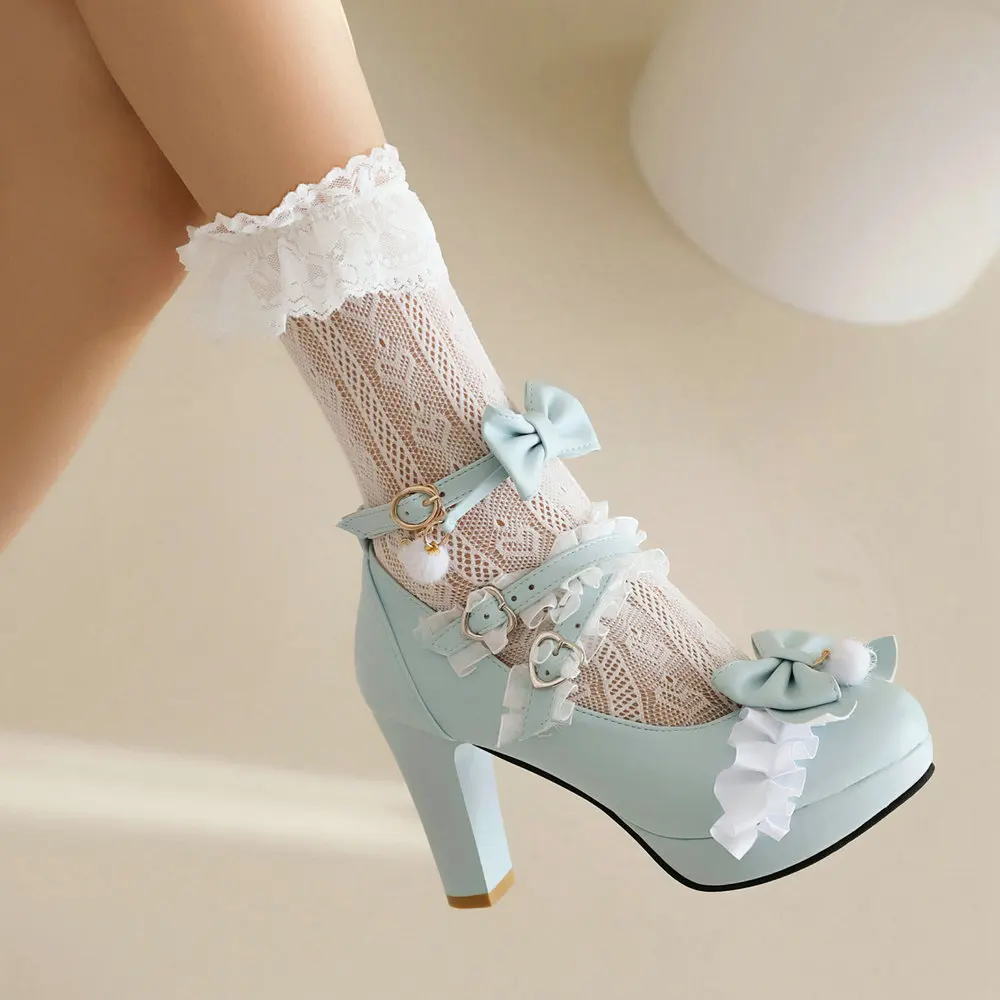 Pink Plush Ball Lace Bow High Heels, Purple Cute Girly Platforms
