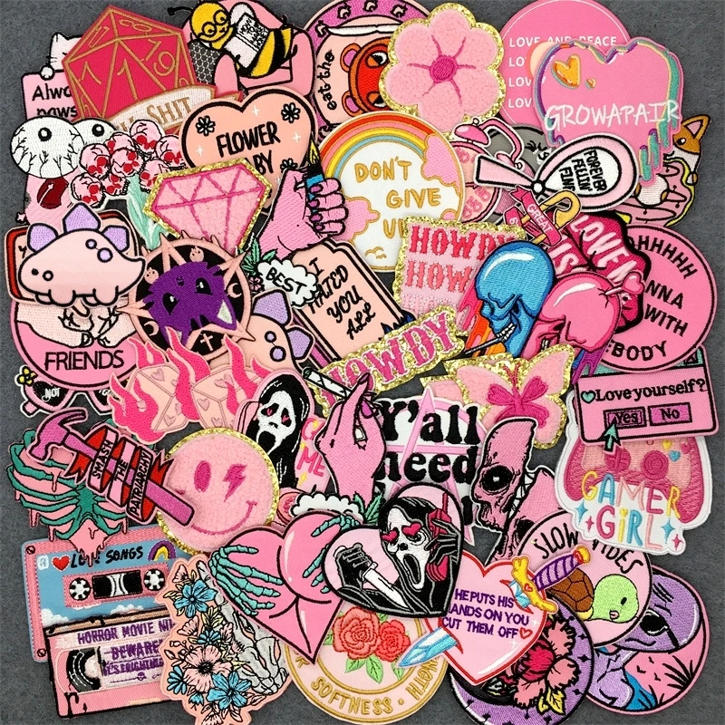 50 teile/los rosa Stickerei Patches Applikationen für Kleidung Punk DIY Eisen Patches auf Kleidung Jacke Jeans Aufkleber