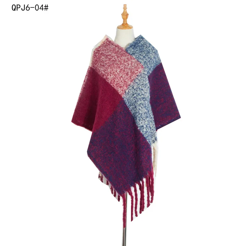 

Europe United States 2022 new Autumn Winter Women's Shawl Coarse Tassel Loop Yarn Large Lattice Warm Capes Lady Ponchos Red