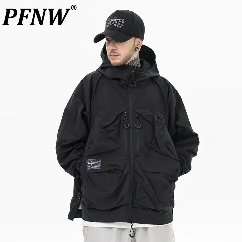 

PFNW Autumn Winter Man's Tide High Street Zippers Pockets Hooded Loose Jackets Fashion Casual Youth Darkwear Coat Tops 12A7391