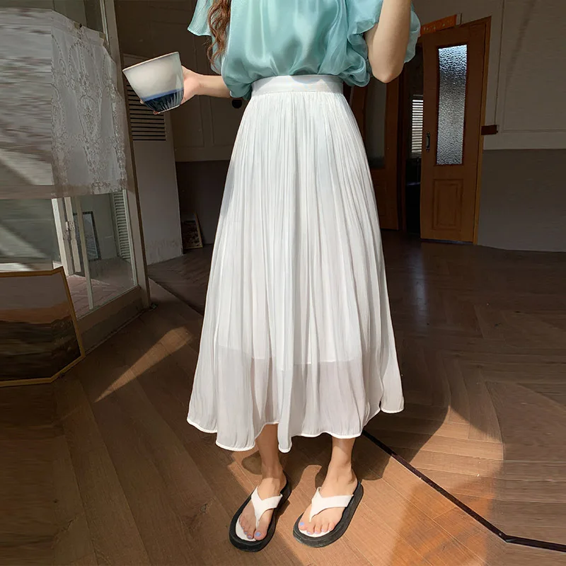 

Summer Casual Pleated Skirt white Long Skirts for Women Pink black Solid Loose Streetwear Lupe Longue Vintage Jupe Femme