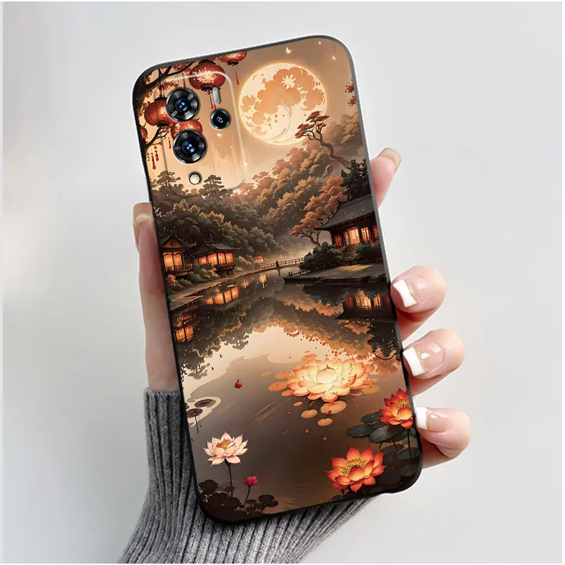Aesthetic Pattern Black Silicone Phone Case - Love, Goldfish, & Rabbit Design, Shockproof Protection