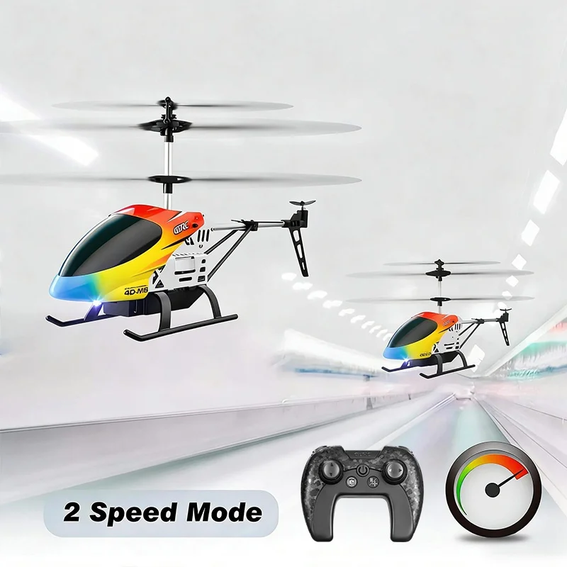 Drone Hélicoptère RC 4DRC M5 posé sur une table, avec télécommande, prêt pour le décollage, jouet intérieur.