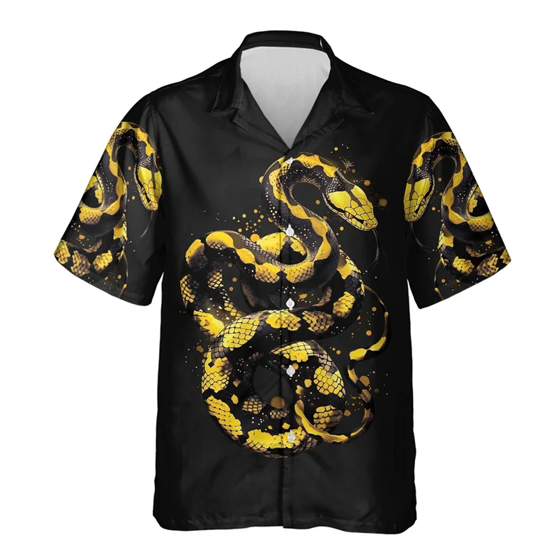 thumbnail image 1 of Camisa hawaiana con estampado de serpiente de terror para hombre, divertida camisa hawaiana con estampado 3D de serpiente, blusas casuales de verano de manga corta con solapa, 1 of 4