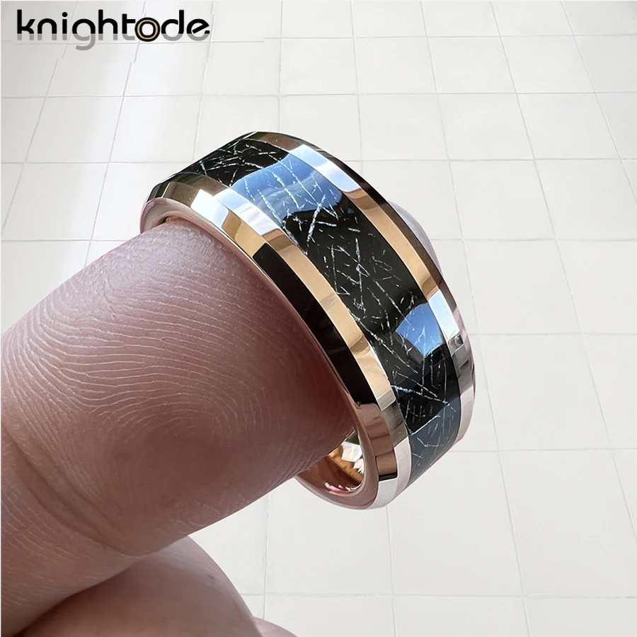 8mm Tungsten Carbide Wedding Band Black Meteorite Inlay Men Women Simple Stlye Flat Rings Beveled Edges Polished Comfort Fit